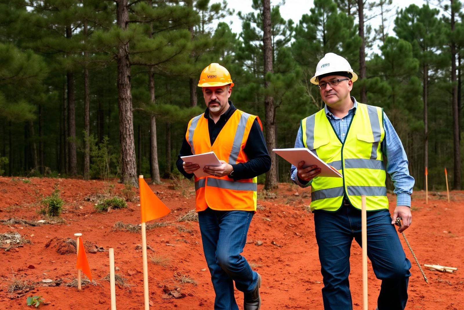 Builder walking a Georgia build site to review slope, trees, and access